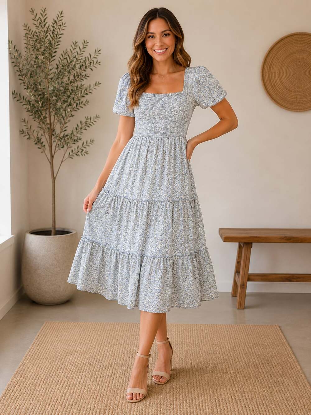 Calista Floral Smocked Tiered Midi Dress M Blue Puff Sleeve Cottagecore Boho
